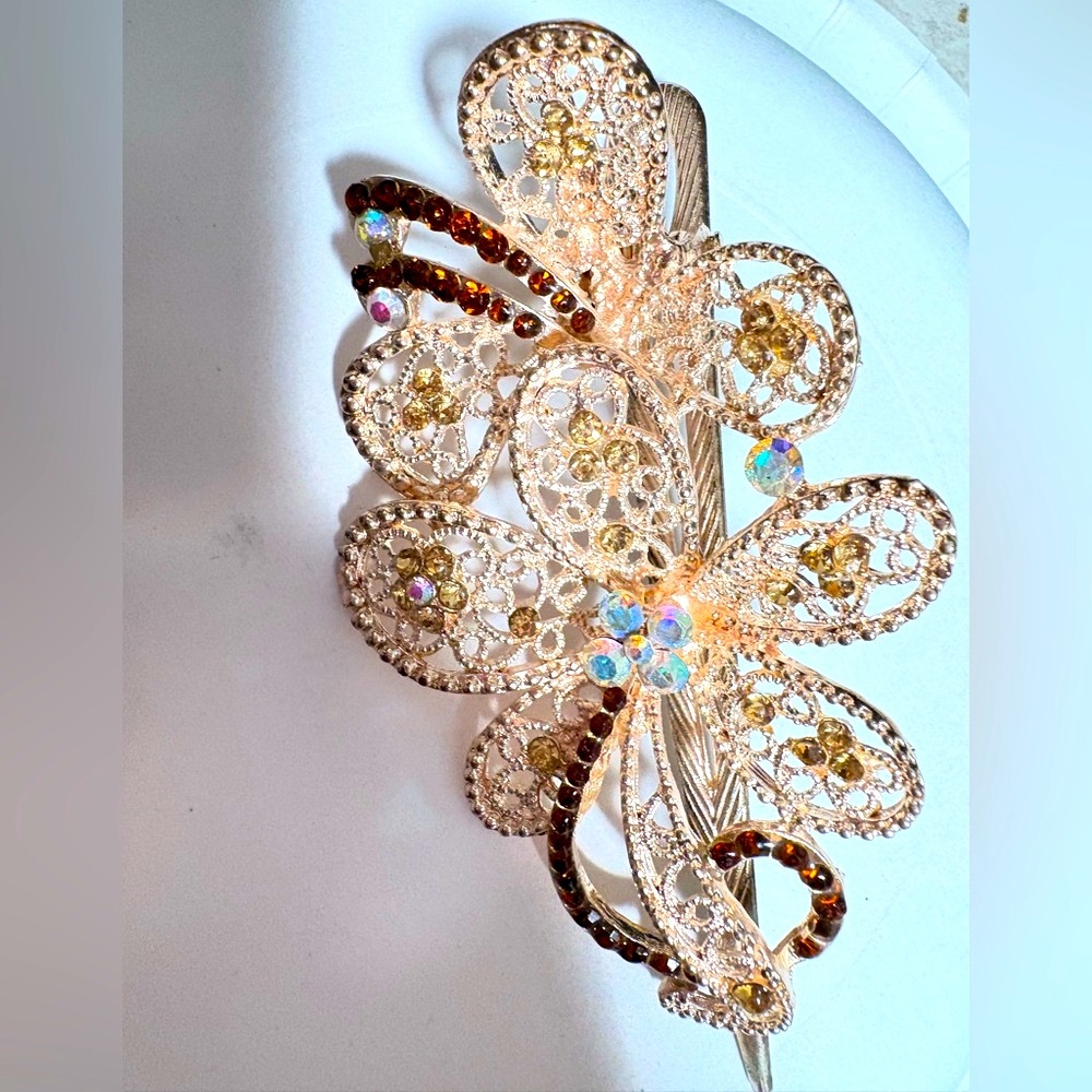 Vintage Floral Hair Clip with Gold tone and Aurora Borealis rhinestone Accents